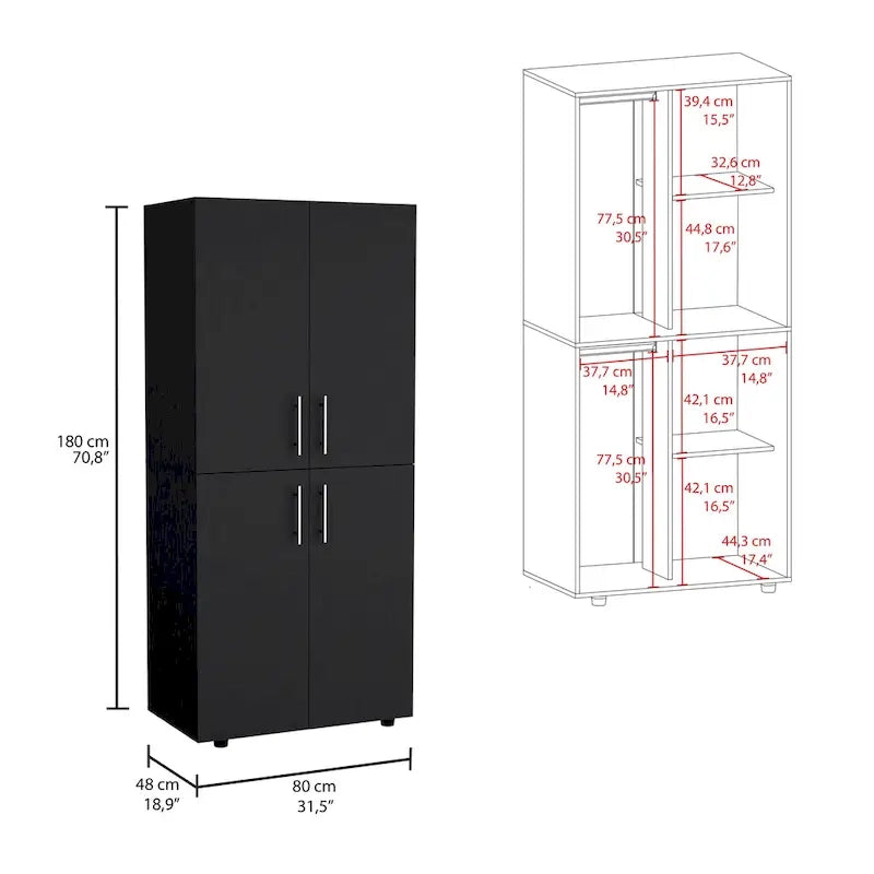 31.5  Modern Four-door Armoire with Six Shelves and Two Hanging Rods for Bedroom
