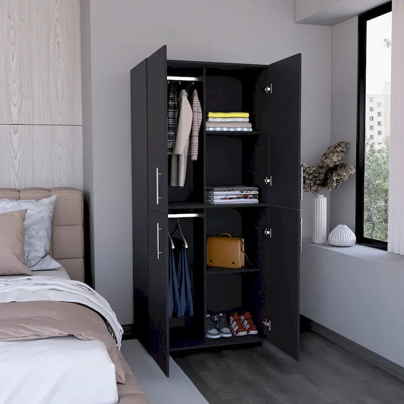 31.5  Modern Four-door Armoire with Six Shelves and Two Hanging Rods for Bedroom
