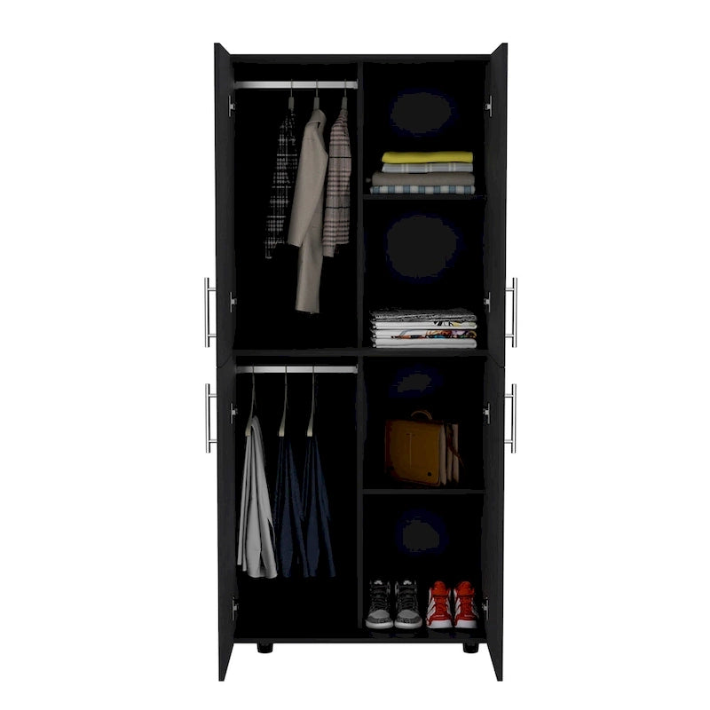 31.5  Modern Four-door Armoire with Six Shelves and Two Hanging Rods for Bedroom