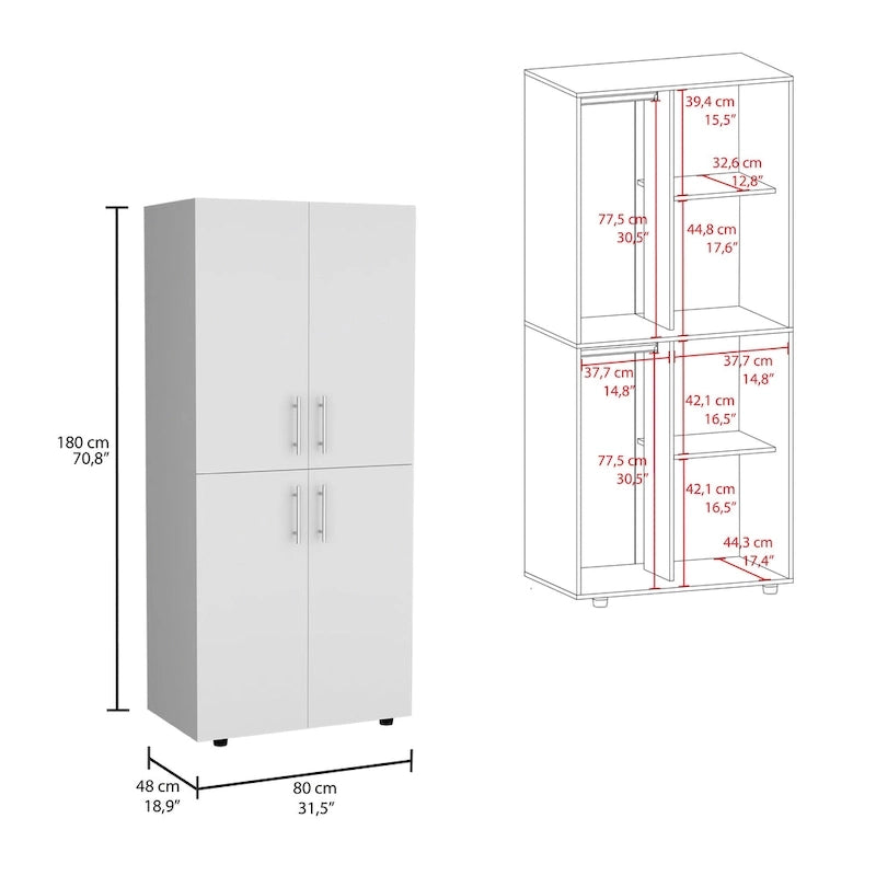 31.5  Modern Four-door Armoire with Six Shelves and Two Hanging Rods for Bedroom