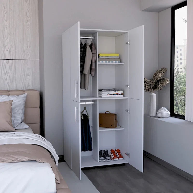31.5  Modern Four-door Armoire with Six Shelves and Two Hanging Rods for Bedroom
