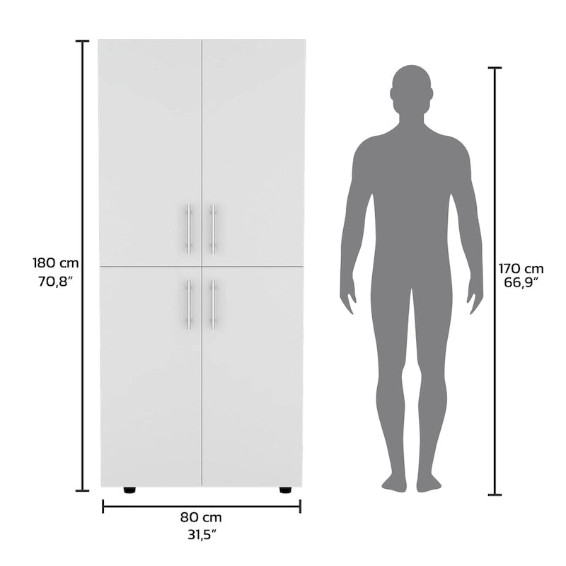 31.5  Modern Four-door Armoire with Six Shelves and Two Hanging Rods for Bedroom