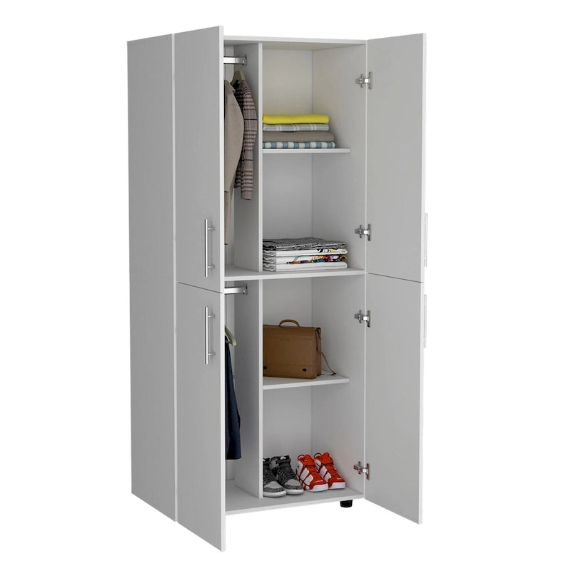 31.5  Modern Four-door Armoire with Six Shelves and Two Hanging Rods for Bedroom