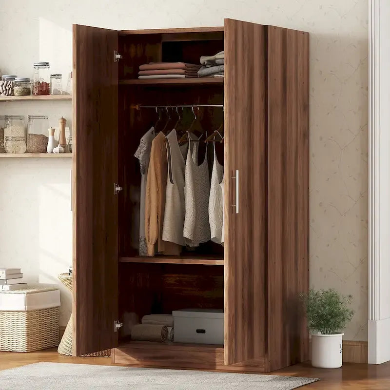 31.5  Rustic 2-Door Wooden Armoire with Hanging Rod and 3 Storage Shelves for Bedroom