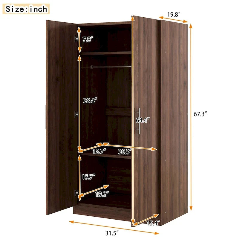 31.5  Rustic 2-Door Wooden Armoire with Hanging Rod and 3 Storage Shelves for Bedroom