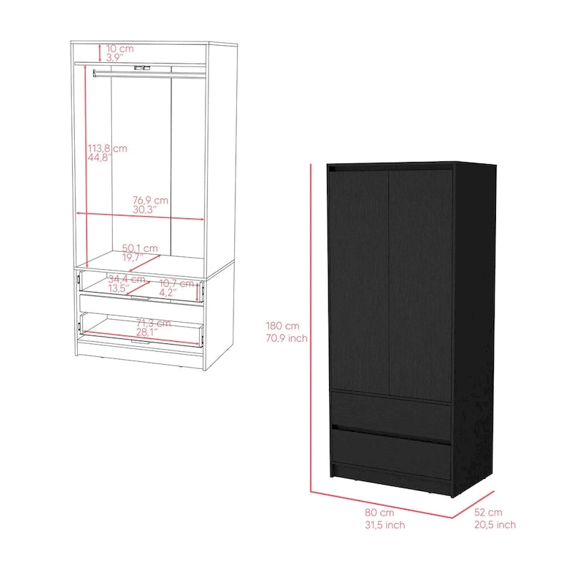 20.47  Modern Double-door Armoire with Hanging Rod and Two Drawers for Bedroom