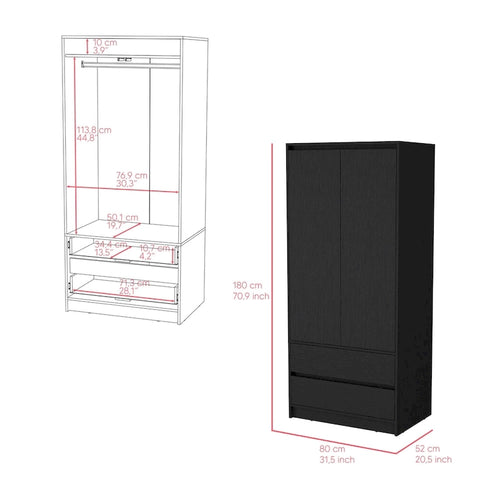 20.47  Modern Double-door Armoire with Hanging Rod and Two Drawers for Bedroom