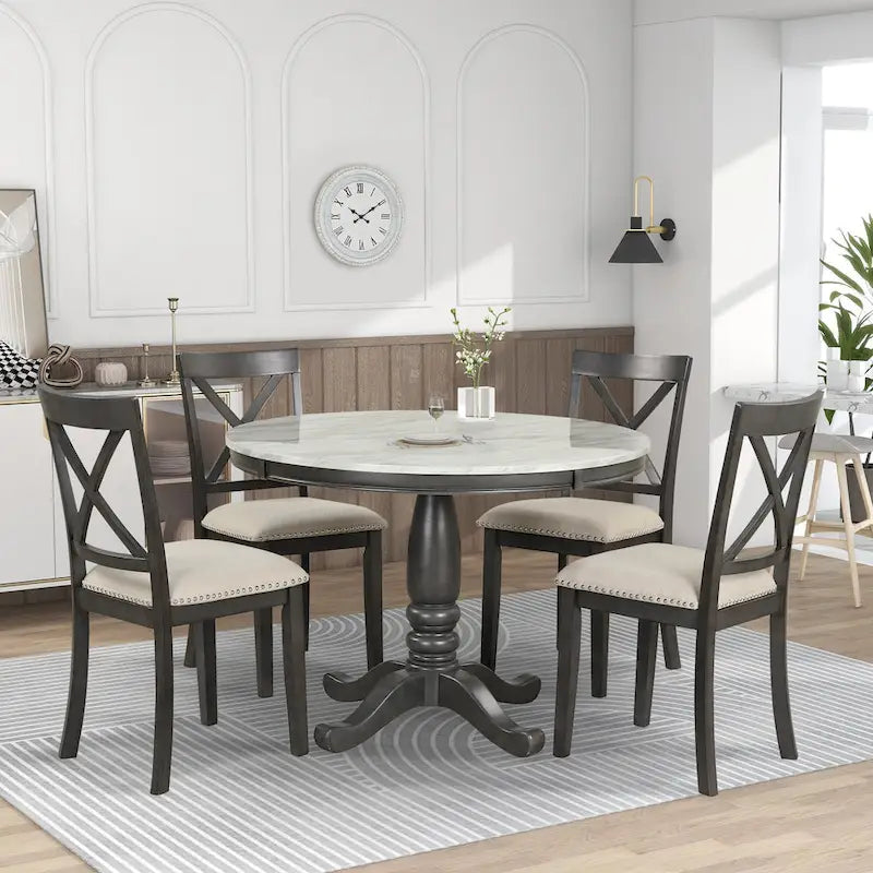 Modern Style Wooden 5-Piece Dining Set with Round Table amd 4 Upholstered Chairs