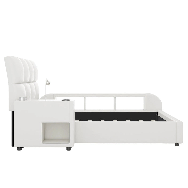 Queen Size PU Leather Platform Bed Frame with Multimedia Nightstand
