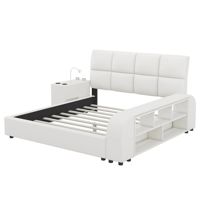 Queen Size PU Leather Platform Bed Frame with Multimedia Nightstand