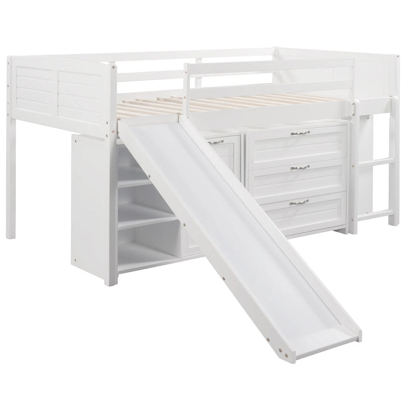 Twin Pine Low Loft Bed with Cabinets, Shelves, and Slide