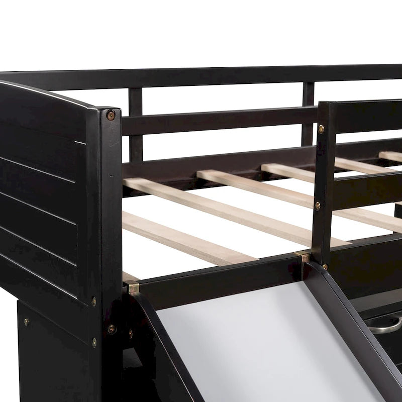 Twin Pine Low Loft Bed with Cabinets, Shelves, and Slide