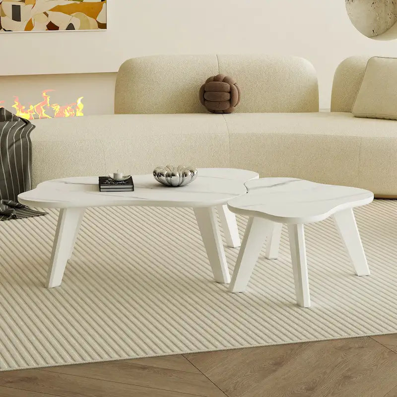Modern 2-Piece Cloud Shaped Coffee Table Set with Solid Wood Legs and MDF Panel for Living Room