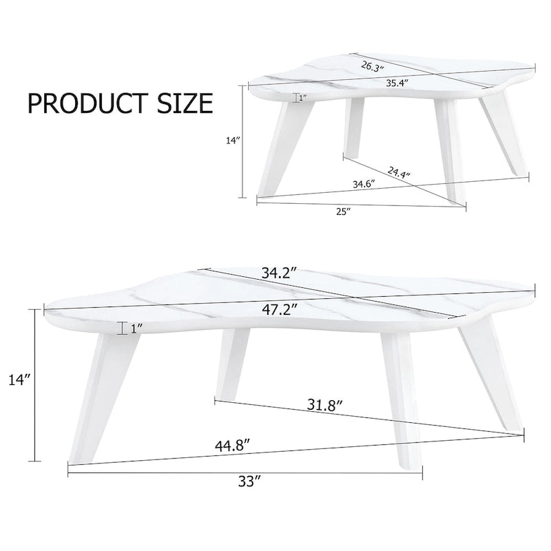 Modern 2-Piece Cloud Shaped Coffee Table Set with Solid Wood Legs and MDF Panel for Living Room