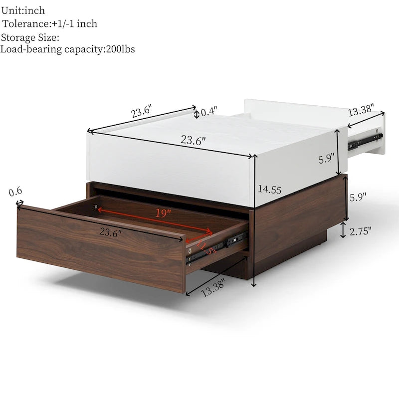 Modern Rotating Coffee Table with Two Hidden Storage Compartments and Two Drawers