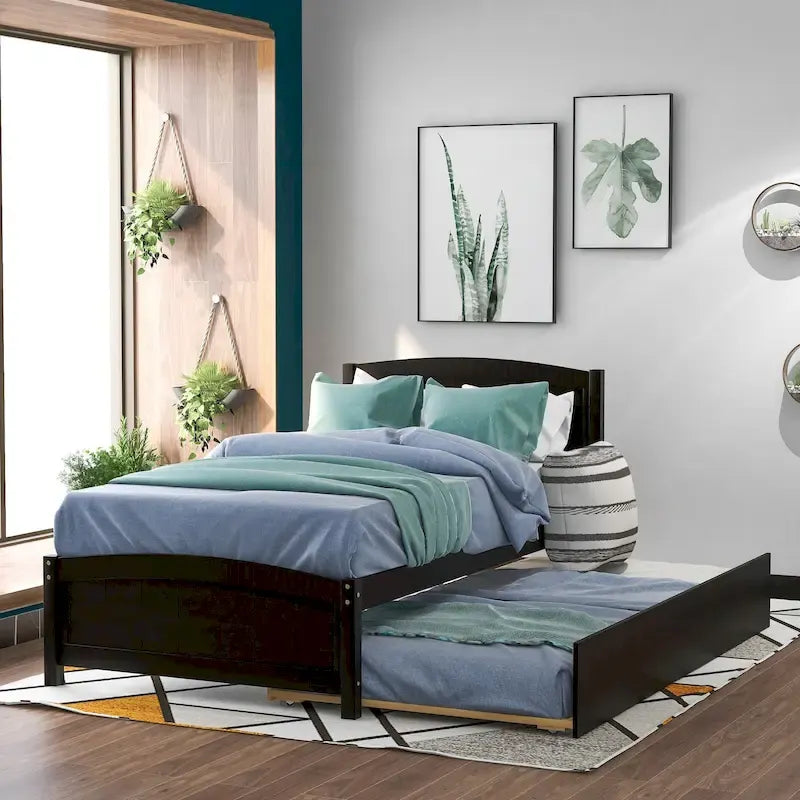 Twin Pine Platform Bed with Trundle & Headboard