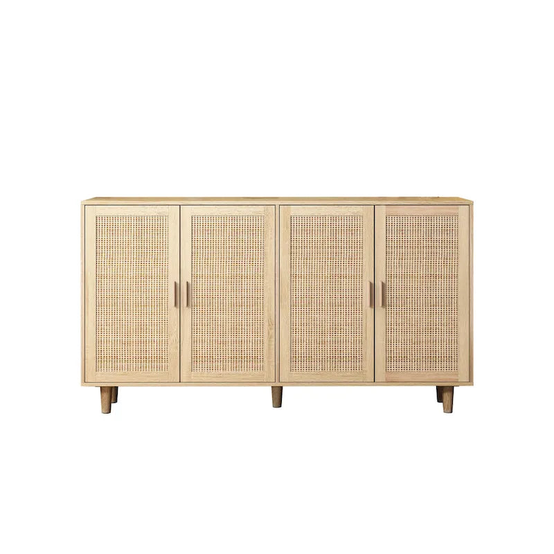 Modern 4-Door Rattan Decorative Storage Cabinet with Adjustable Shelves for Bedroom, Living Room