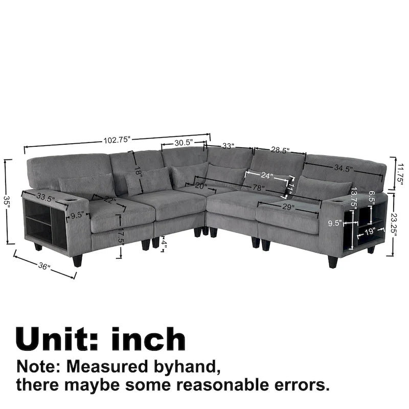 102.75  Corduroy L-Shaped Modular Sectional Sofa with Storage