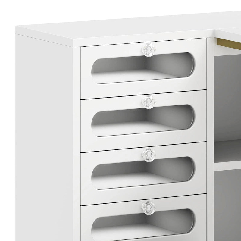 Moasis 5 Drawers L-Shape Nail Desk Set with Cushioned Stool and LED Light