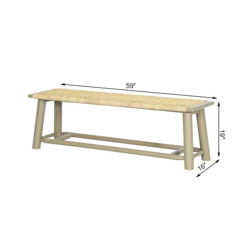 Farmhouse Modern Solid Wood Rattan Bench - 59 Inch Indoor & Covered Outdoor Bench Walnut Finish Multi-Functional Design