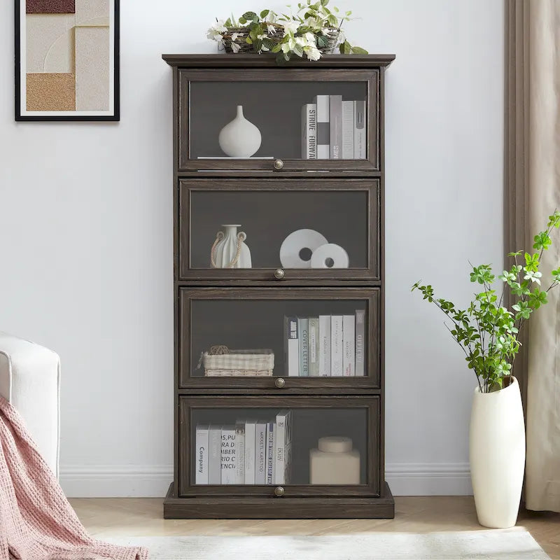 63.19  4-Tier Glass Display Cabinet with Flip-Up Doors & 150lb Capacity,Space-Saving Curio Showcase for Collectibles
