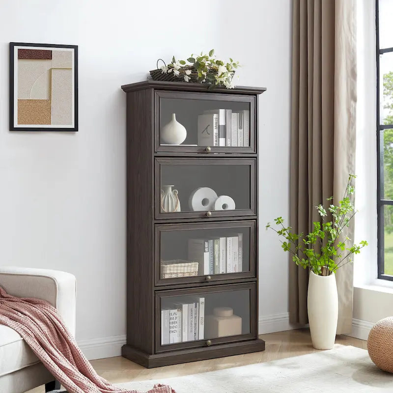 63.19  4-Tier Glass Display Cabinet with Flip-Up Doors & 150lb Capacity,Space-Saving Curio Showcase for Collectibles