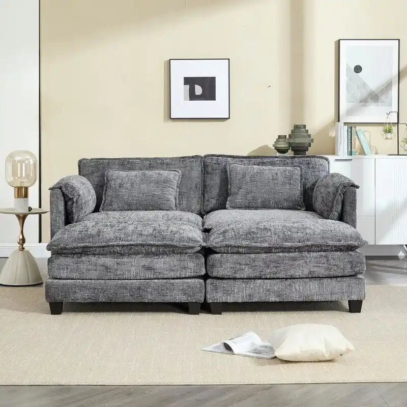 76.77  Chenille Upholstered Sofa with 2 Ottomans