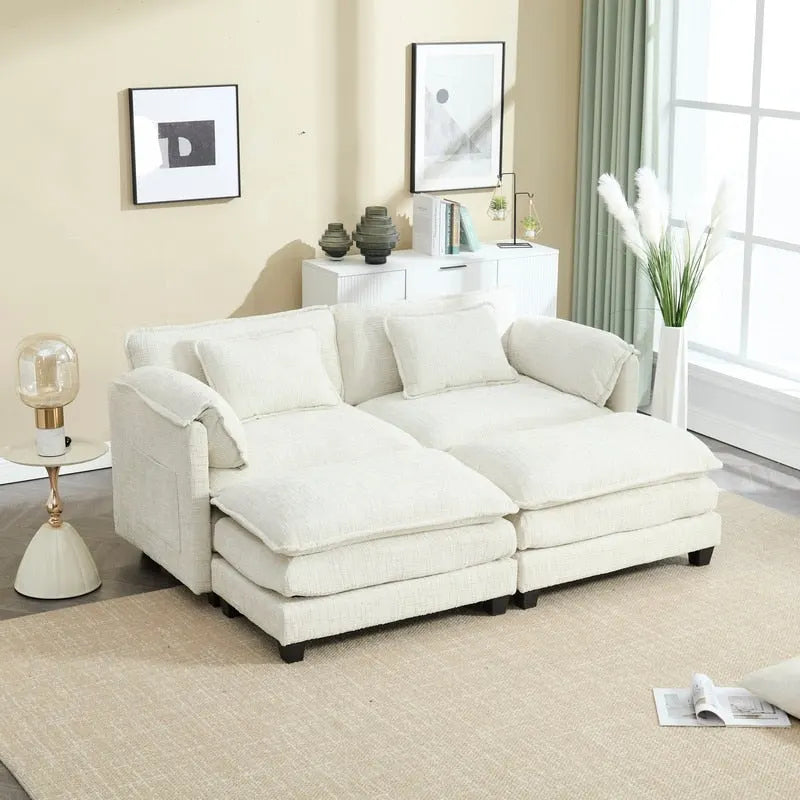 76.77  Chenille Upholstered Sofa with 2 Ottomans