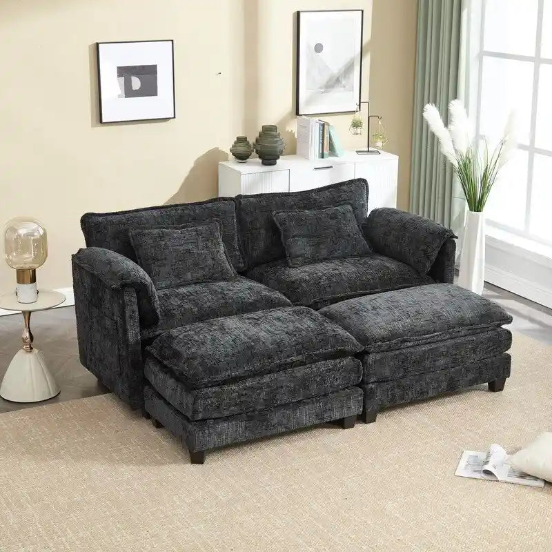76.77  Chenille Upholstered Sofa with 2 Ottomans
