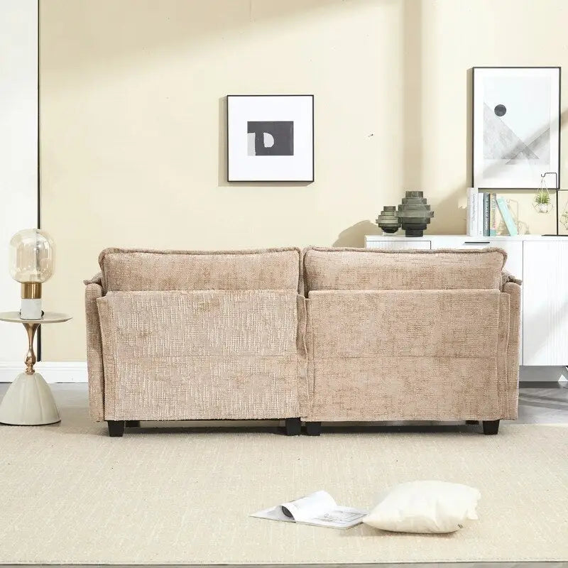 76.77  Chenille Upholstered Sofa with 2 Ottomans