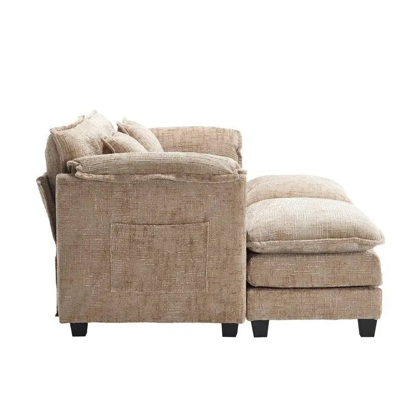 76.77  Chenille Upholstered Sofa with 2 Ottomans