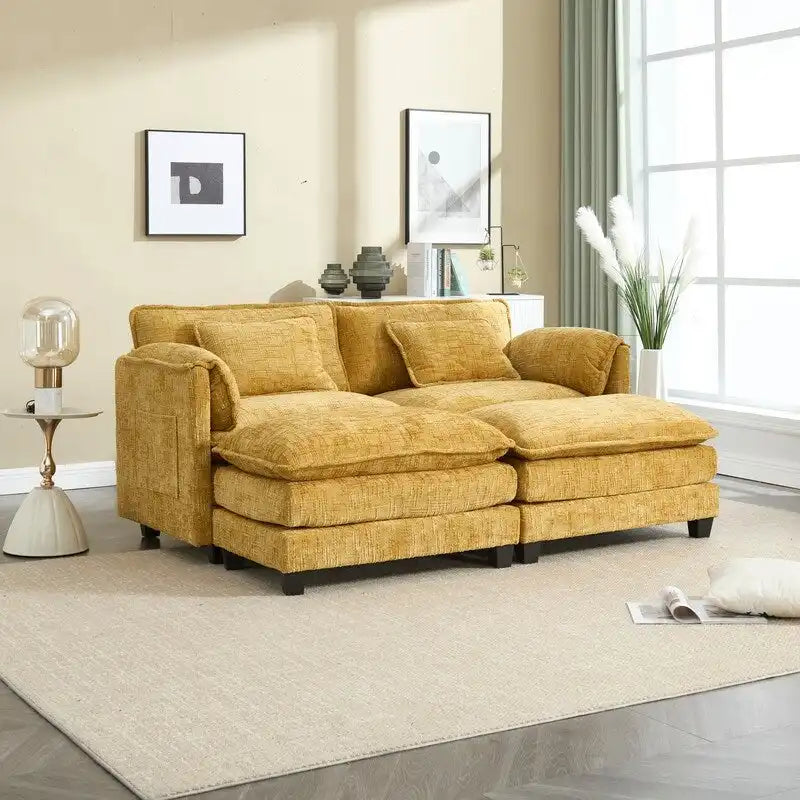 76.77  Chenille Upholstered Sofa with 2 Ottomans