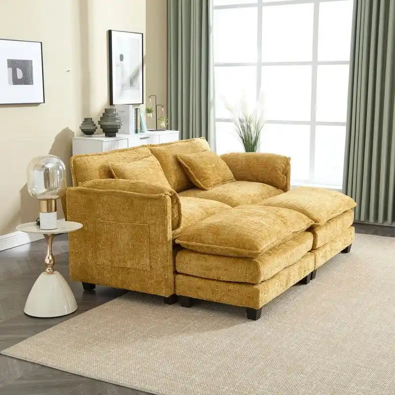 76.77  Chenille Upholstered Sofa with 2 Ottomans