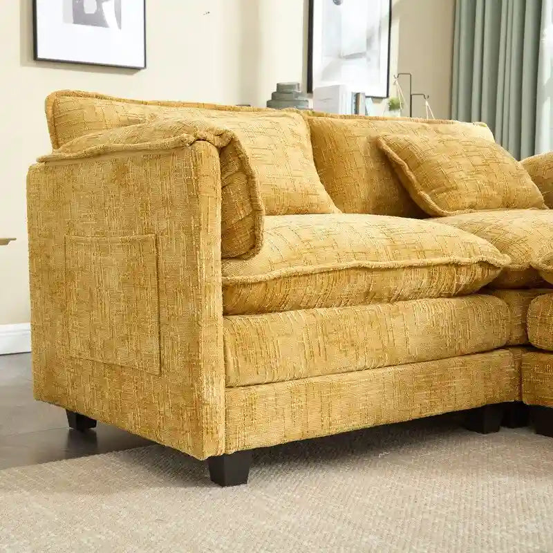 76.77  Chenille Upholstered Sofa with 2 Ottomans