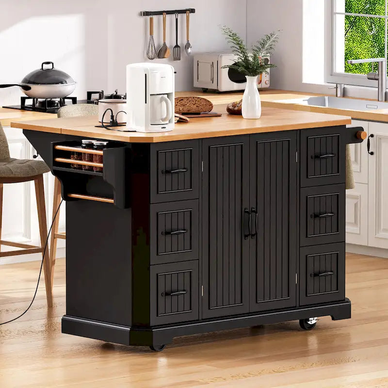 Expandable Drop-Leaf Kitchen Island, Kitchen Cart on 4 Wheels with Power Outlet, Moveable Island Table with 2 Door & 6 Drawers