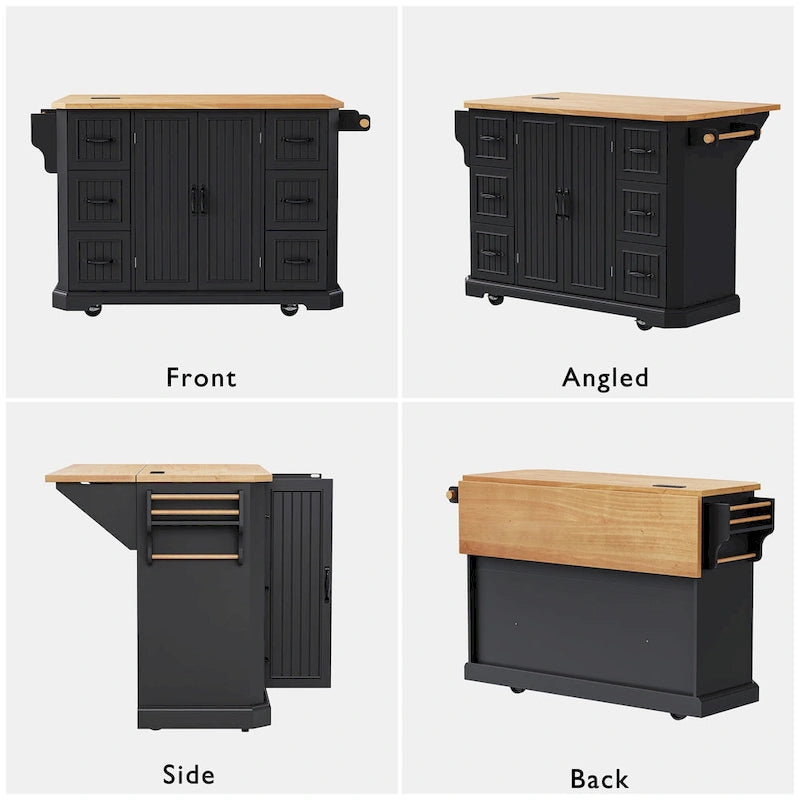 Expandable Drop-Leaf Kitchen Island, Kitchen Cart on 4 Wheels with Power Outlet, Moveable Island Table with 2 Door & 6 Drawers
