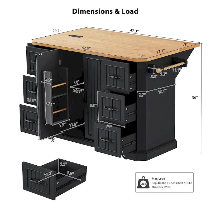 Expandable Drop-Leaf Kitchen Island, Kitchen Cart on 4 Wheels with Power Outlet, Moveable Island Table with 2 Door & 6 Drawers