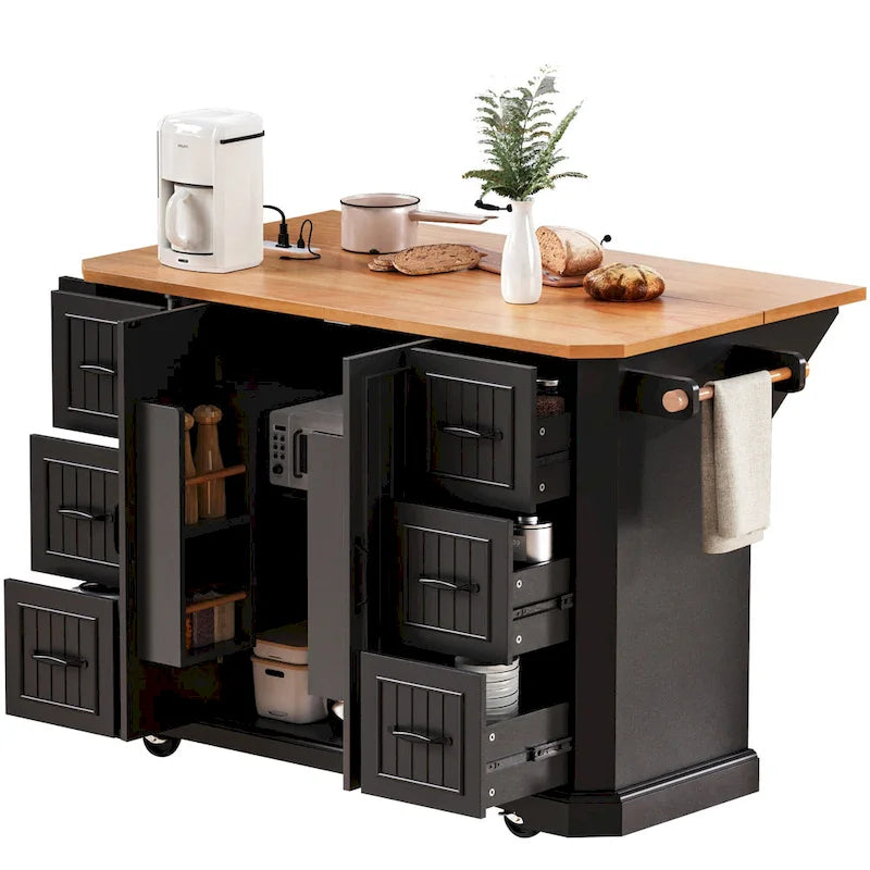 Expandable Drop-Leaf Kitchen Island, Kitchen Cart on 4 Wheels with Power Outlet, Moveable Island Table with 2 Door & 6 Drawers