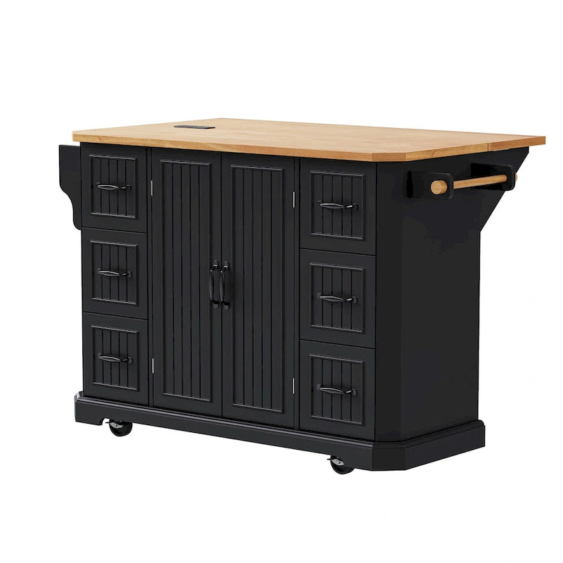 Expandable Drop-Leaf Kitchen Island, Kitchen Cart on 4 Wheels with Power Outlet, Moveable Island Table with 2 Door & 6 Drawers