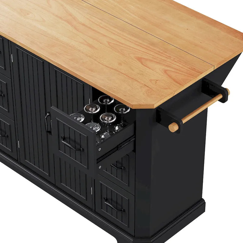 Expandable Drop-Leaf Kitchen Island, Kitchen Cart on 4 Wheels with Power Outlet, Moveable Island Table with 2 Door & 6 Drawers