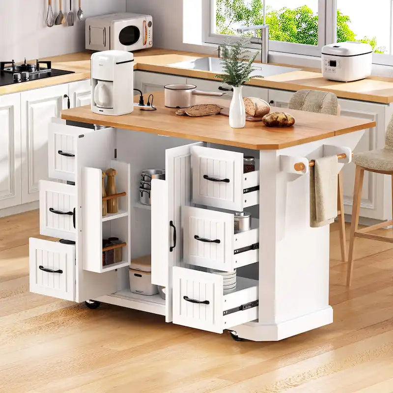 Expandable Drop-Leaf Kitchen Island, Kitchen Cart on 4 Wheels with Power Outlet, Moveable Island Table with 2 Door & 6 Drawers