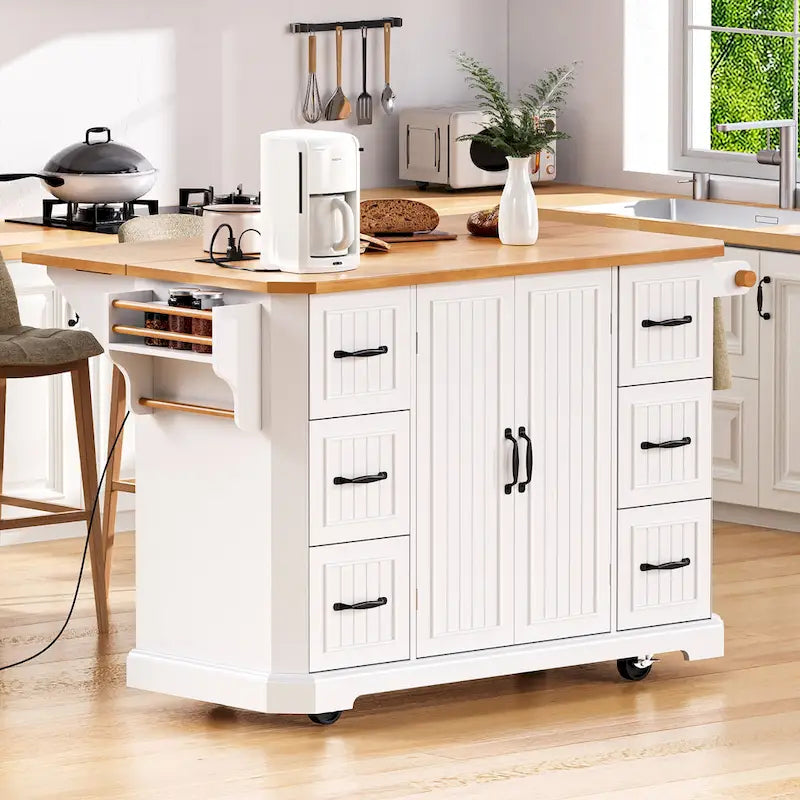 Expandable Drop-Leaf Kitchen Island, Kitchen Cart on 4 Wheels with Power Outlet, Moveable Island Table with 2 Door & 6 Drawers