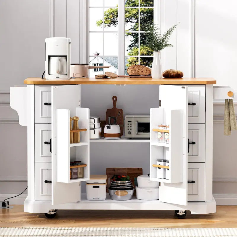 Expandable Drop-Leaf Kitchen Island, Kitchen Cart on 4 Wheels with Power Outlet, Moveable Island Table with 2 Door & 6 Drawers