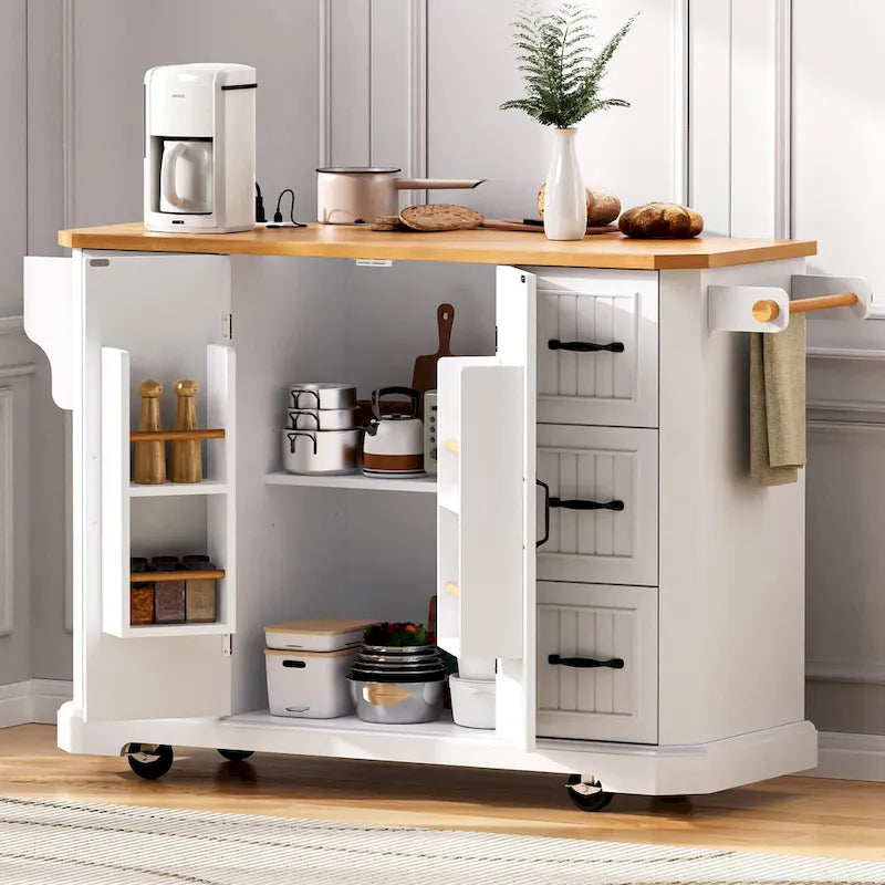Expandable Drop-Leaf Kitchen Island, Kitchen Cart on 4 Wheels with Power Outlet, Moveable Island Table with 2 Door & 6 Drawers