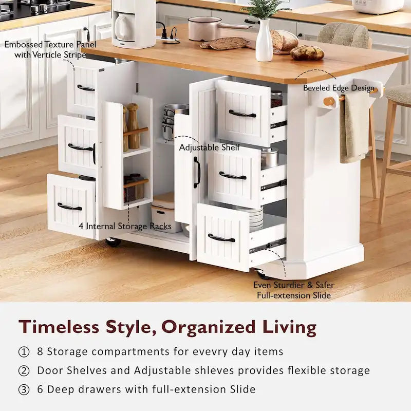 Expandable Drop-Leaf Kitchen Island, Kitchen Cart on 4 Wheels with Power Outlet, Moveable Island Table with 2 Door & 6 Drawers