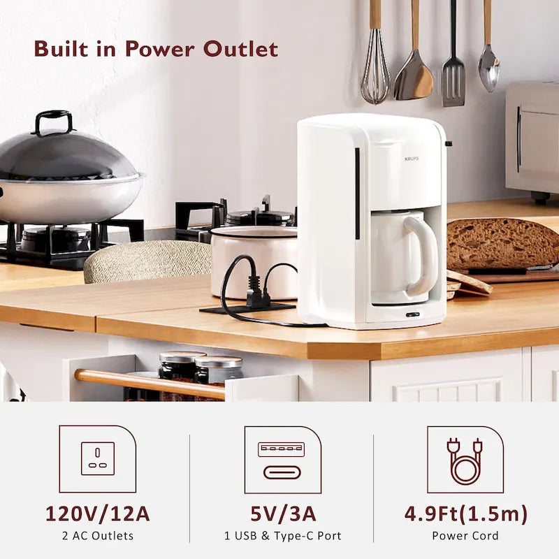 Expandable Drop-Leaf Kitchen Island, Kitchen Cart on 4 Wheels with Power Outlet, Moveable Island Table with 2 Door & 6 Drawers