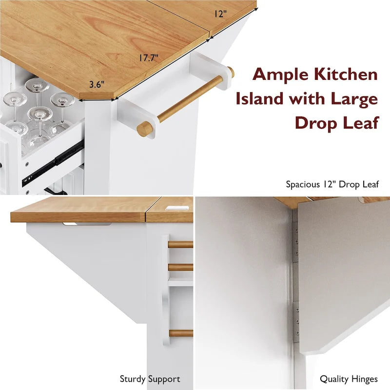 Expandable Drop-Leaf Kitchen Island, Kitchen Cart on 4 Wheels with Power Outlet, Moveable Island Table with 2 Door & 6 Drawers