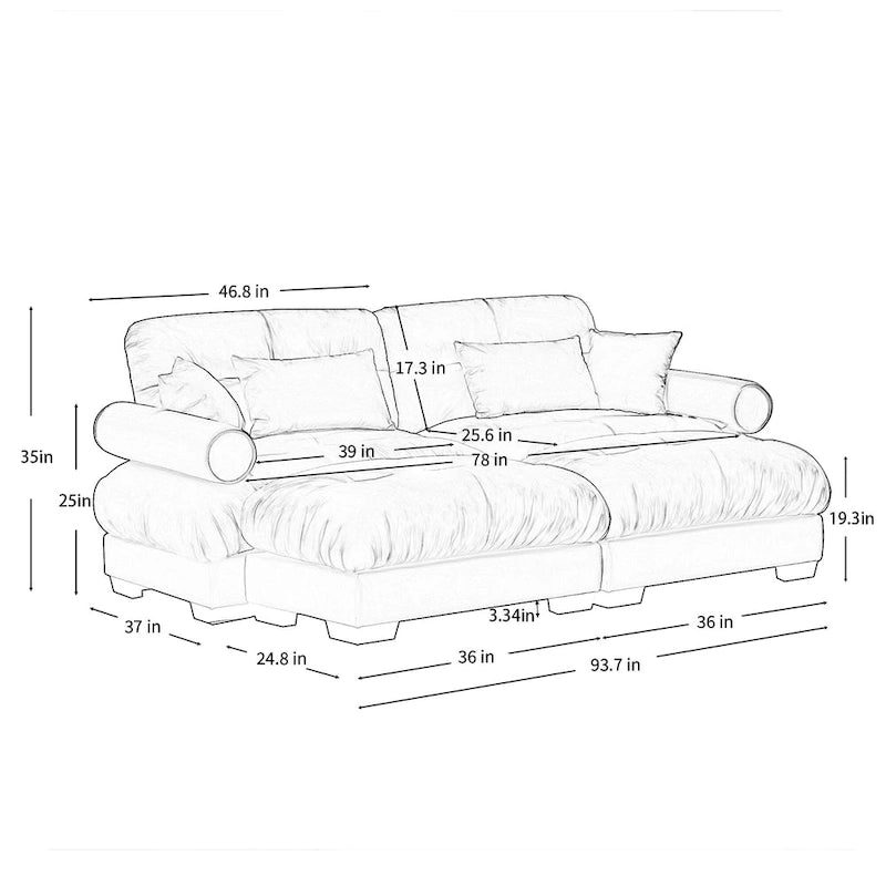 Velvet Fabric Loveseat Couch Modular Sectional Sofa with 2 Ottomans