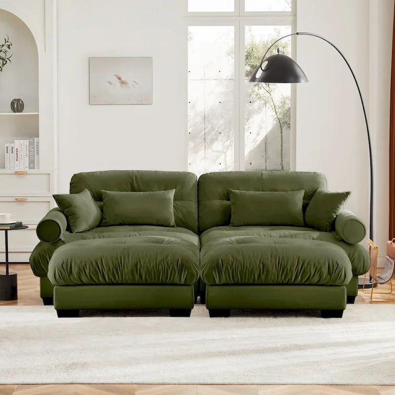 Velvet Fabric Loveseat Couch Modular Sectional Sofa with 2 Ottomans