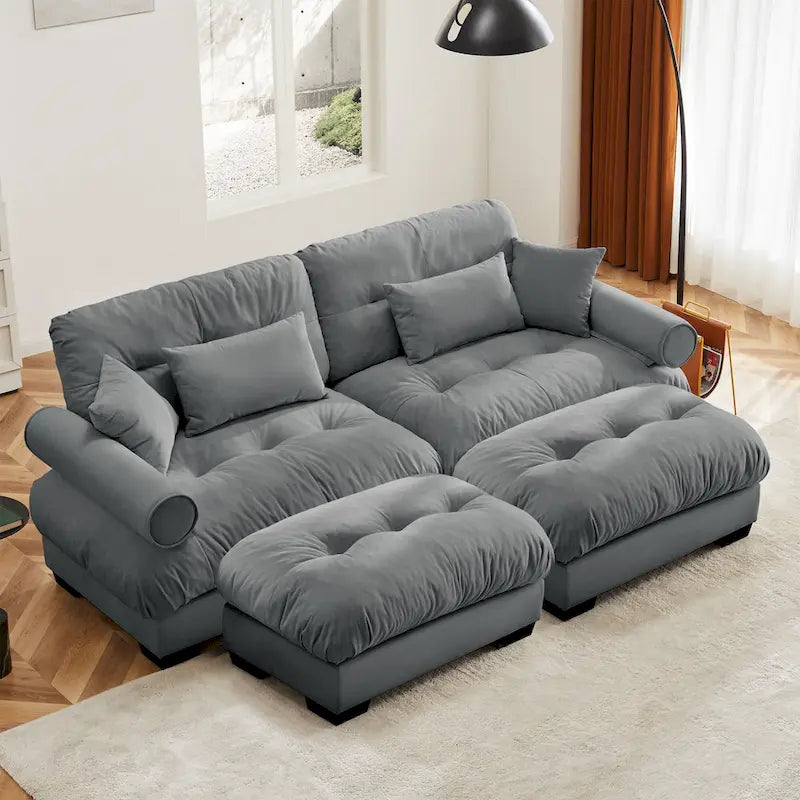 Velvet Fabric Loveseat Couch Modular Sectional Sofa with 2 Ottomans